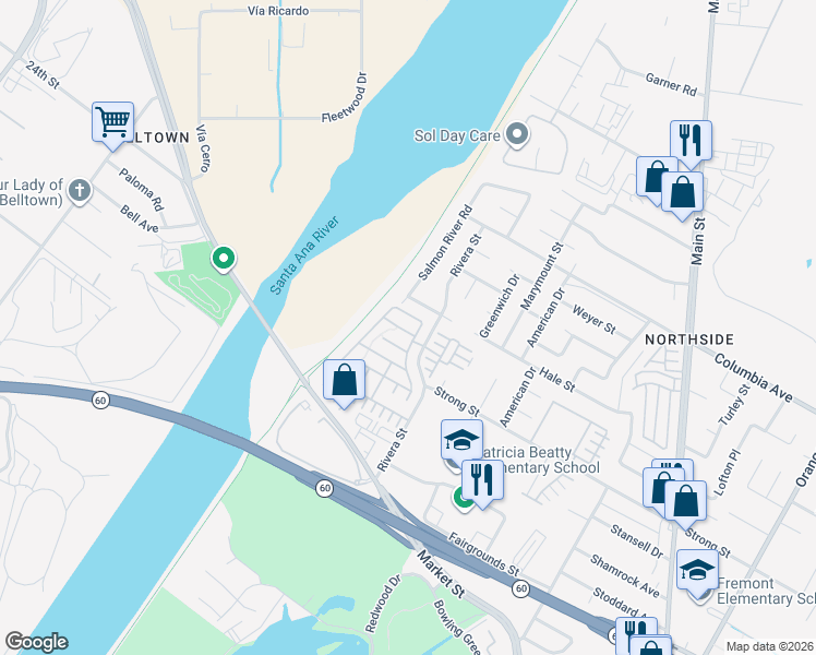 map of restaurants, bars, coffee shops, grocery stores, and more near 4547 Nicole Way in Riverside