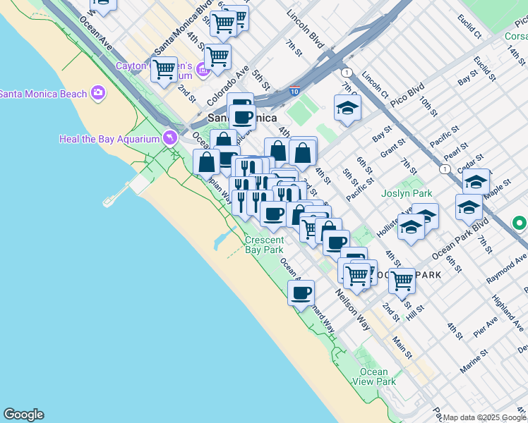 map of restaurants, bars, coffee shops, grocery stores, and more near 1910 Ocean Avenue in Santa Monica