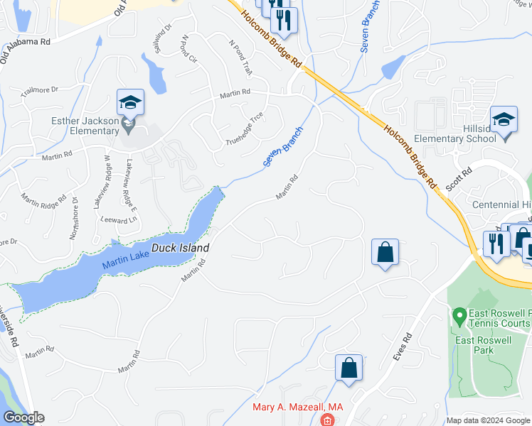 map of restaurants, bars, coffee shops, grocery stores, and more near 415 Clear Creek Terrace in Roswell