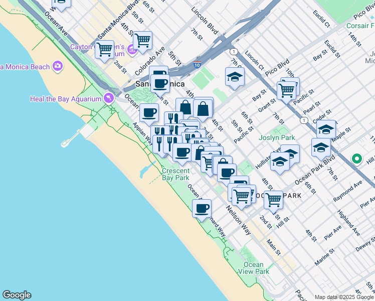 map of restaurants, bars, coffee shops, grocery stores, and more near 2001 Ocean Avenue in Santa Monica