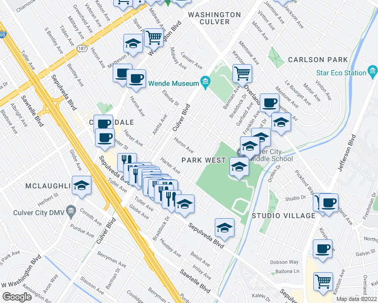 map of restaurants, bars, coffee shops, grocery stores, and more near 11027 Barman Avenue in Culver City