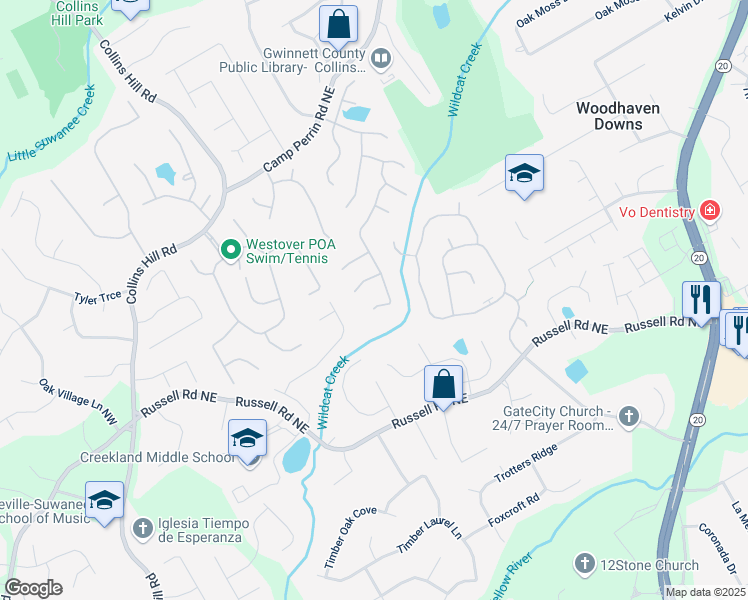 map of restaurants, bars, coffee shops, grocery stores, and more near 92 Creek Front Way in Lawrenceville