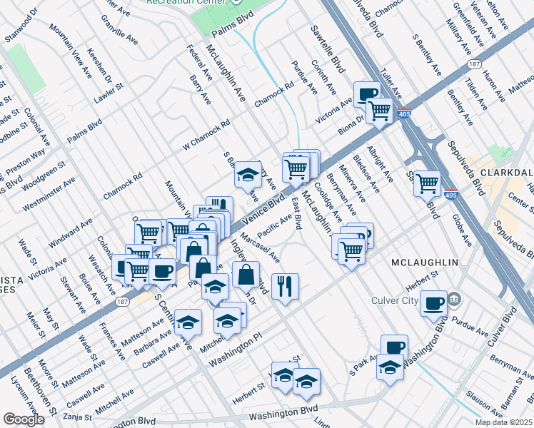 map of restaurants, bars, coffee shops, grocery stores, and more near 11856 Venice Boulevard in Los Angeles