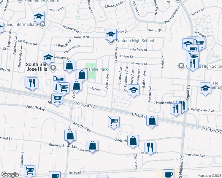 map of restaurants, bars, coffee shops, grocery stores, and more near 603 La Seda Road in La Puente