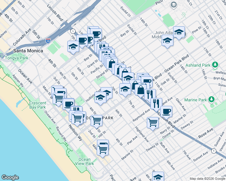 map of restaurants, bars, coffee shops, grocery stores, and more near 2454 7th Street in Santa Monica