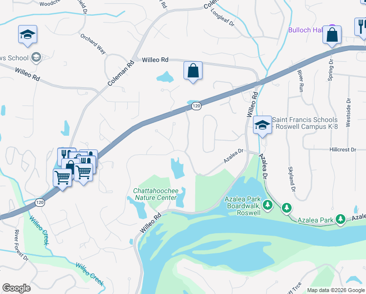 map of restaurants, bars, coffee shops, grocery stores, and more near 185 Inverness Approach in Roswell