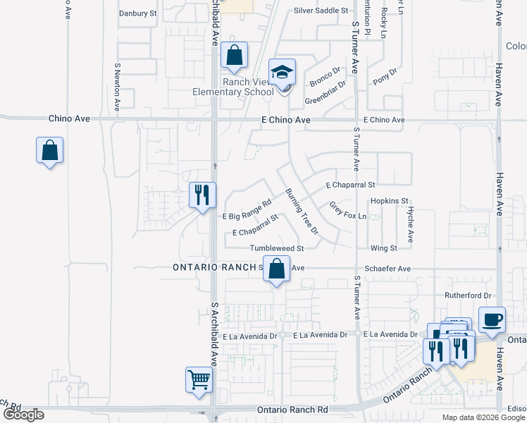 map of restaurants, bars, coffee shops, grocery stores, and more near 2836 East Chaparral Street in Ontario