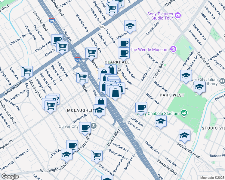 map of restaurants, bars, coffee shops, grocery stores, and more near 11208 Washington Boulevard in Culver City