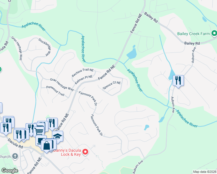 map of restaurants, bars, coffee shops, grocery stores, and more near 2791 Spence Court Northeast in Dacula