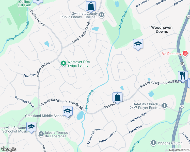 map of restaurants, bars, coffee shops, grocery stores, and more near 309 Bay Hill Court in Lawrenceville