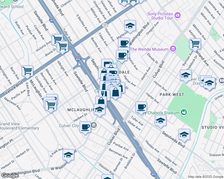 map of restaurants, bars, coffee shops, grocery stores, and more near 4114 Sepulveda Boulevard in Culver City