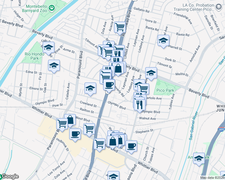 map of restaurants, bars, coffee shops, grocery stores, and more near 4641 Walnut Avenue in Pico Rivera