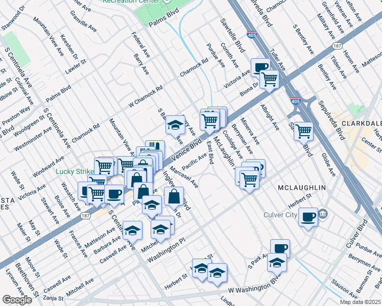 map of restaurants, bars, coffee shops, grocery stores, and more near 11856 Venice Boulevard in Los Angeles
