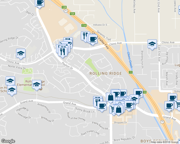 map of restaurants, bars, coffee shops, grocery stores, and more near 13508 Treasure Way in Chino Hills