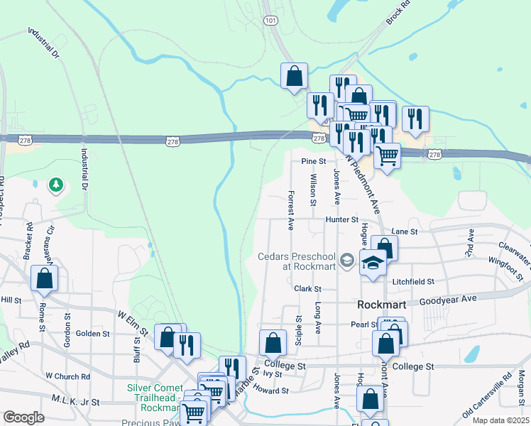 map of restaurants, bars, coffee shops, grocery stores, and more near 573 North Marble Street in Rockmart