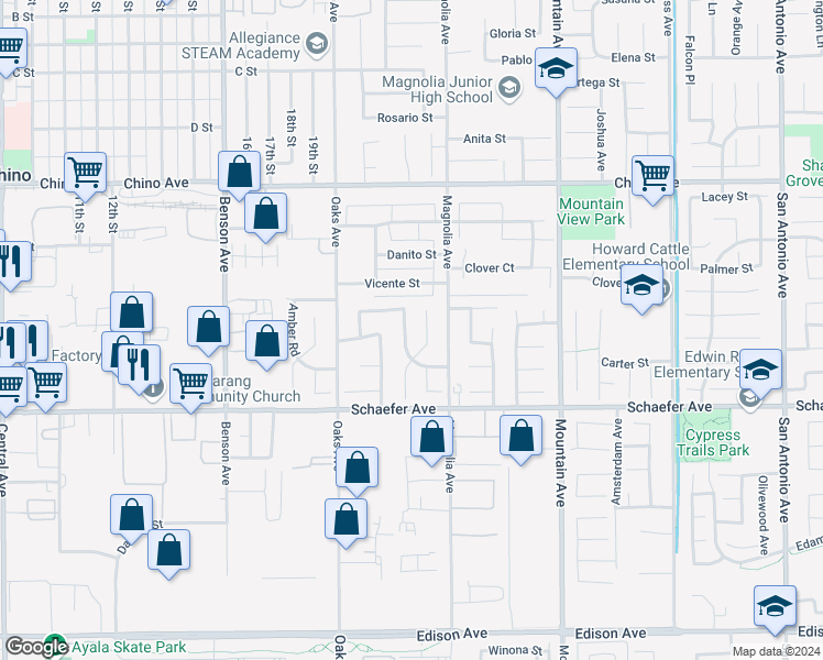 map of restaurants, bars, coffee shops, grocery stores, and more near 13551 Barkley Place in Chino