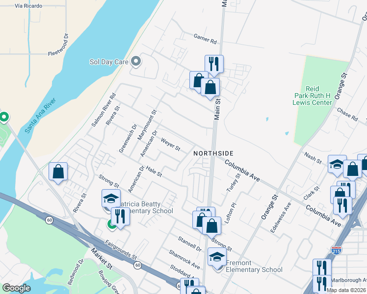 map of restaurants, bars, coffee shops, grocery stores, and more near 1298 Arthur Avenue in Riverside