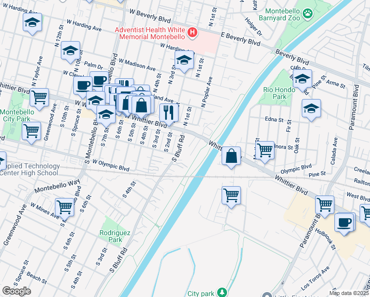 map of restaurants, bars, coffee shops, grocery stores, and more near 146 South Bluff Road in Montebello