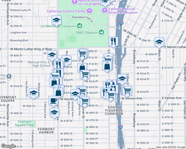 map of restaurants, bars, coffee shops, grocery stores, and more near 637 West 42nd Place in Los Angeles