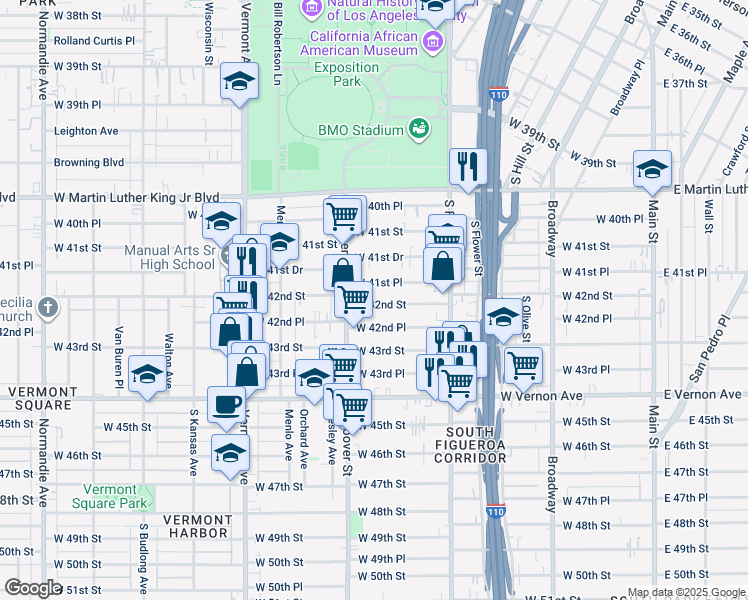 map of restaurants, bars, coffee shops, grocery stores, and more near 637 West 42nd Place in Los Angeles