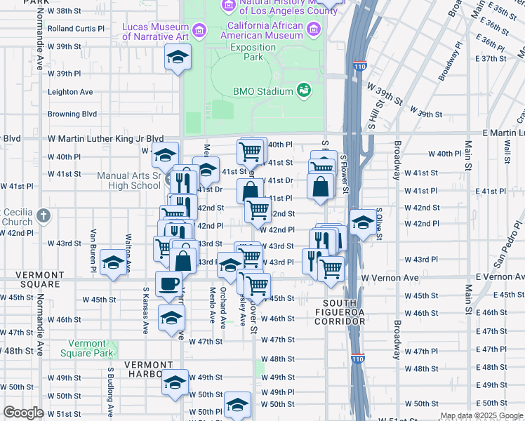 map of restaurants, bars, coffee shops, grocery stores, and more near 4216 South Hoover Street in Los Angeles