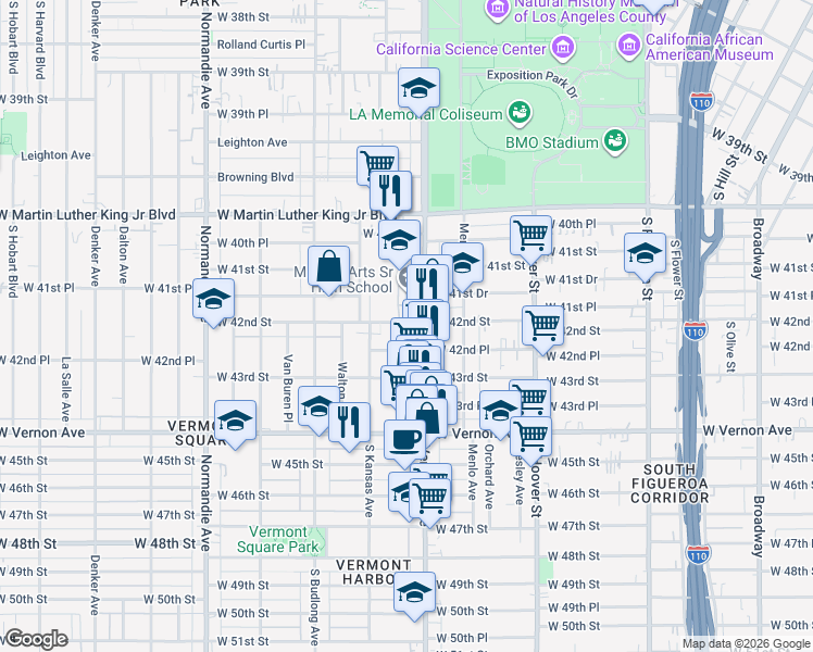 map of restaurants, bars, coffee shops, grocery stores, and more near 1037 1/2 West 42nd Place in Los Angeles
