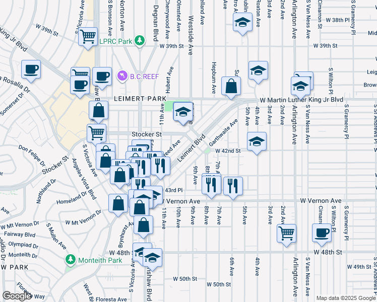 map of restaurants, bars, coffee shops, grocery stores, and more near 4264 Leimert Boulevard in Los Angeles