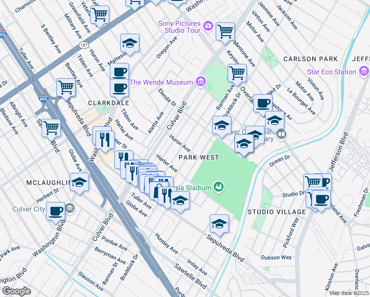 map of restaurants, bars, coffee shops, grocery stores, and more near 11027 Barman Avenue in Culver City