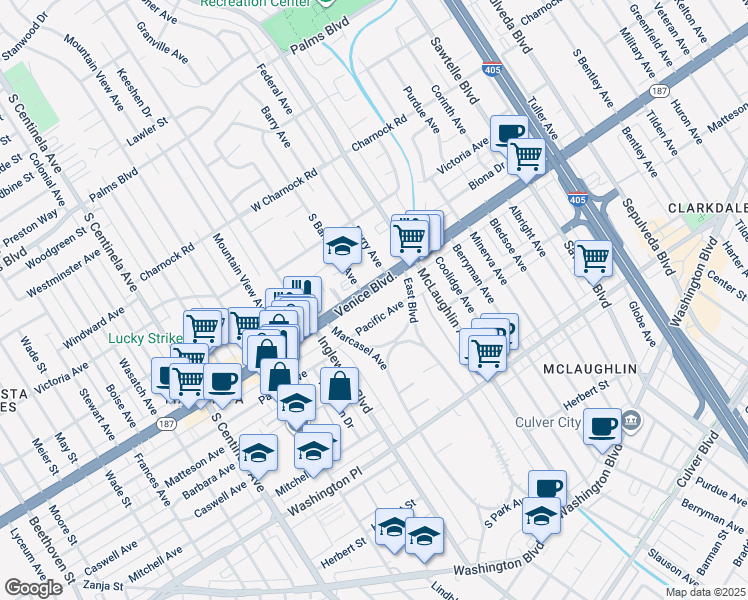 map of restaurants, bars, coffee shops, grocery stores, and more near 11907 Pacific Avenue in Los Angeles