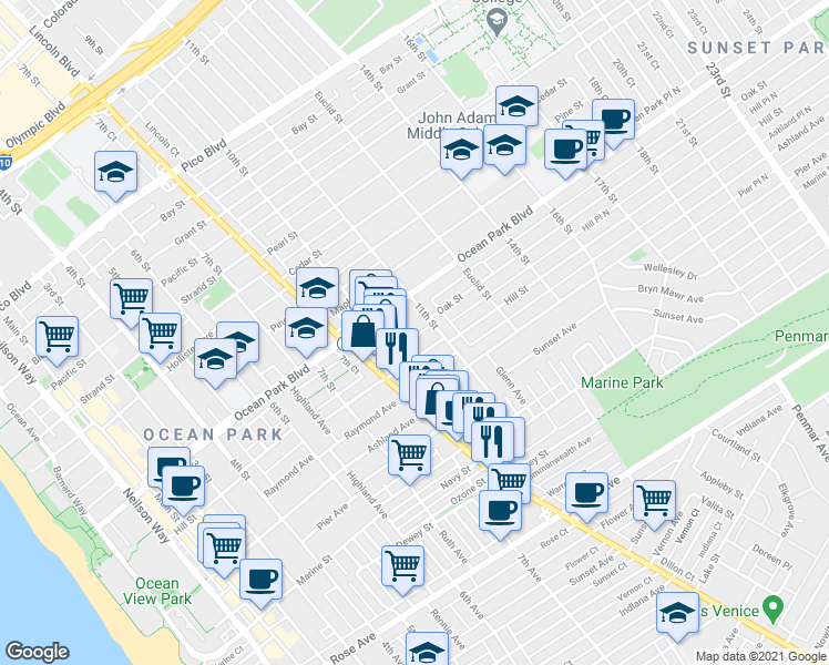map of restaurants, bars, coffee shops, grocery stores, and more near 1018 Hill Street in Santa Monica