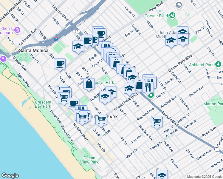 map of restaurants, bars, coffee shops, grocery stores, and more near 2460 Beverley Avenue in Santa Monica