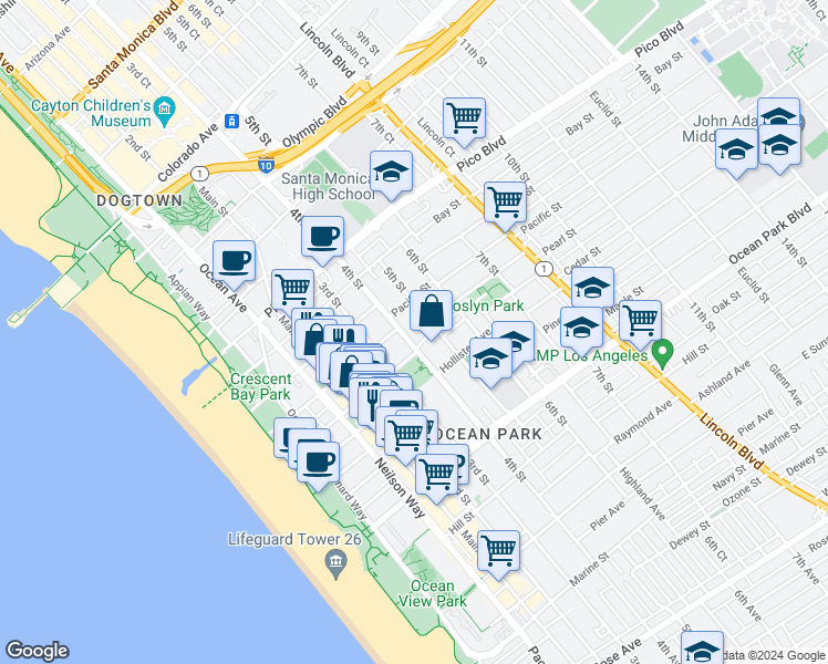 map of restaurants, bars, coffee shops, grocery stores, and more near 2219 3rd Street in Santa Monica