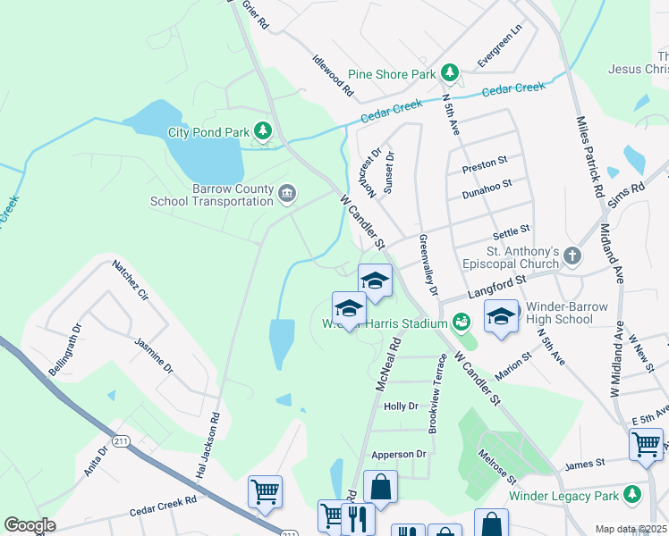 map of restaurants, bars, coffee shops, grocery stores, and more near George Walls Road in Winder