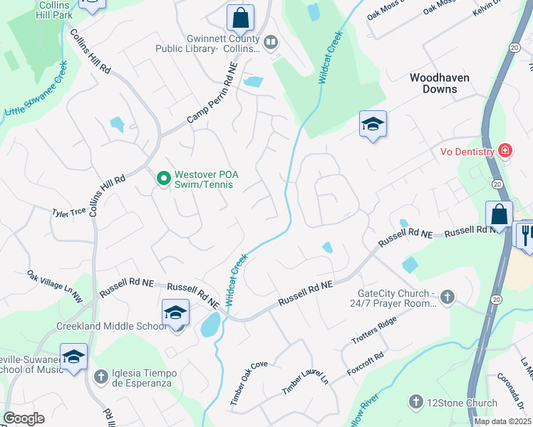 map of restaurants, bars, coffee shops, grocery stores, and more near 92 Creek Front Way in Lawrenceville