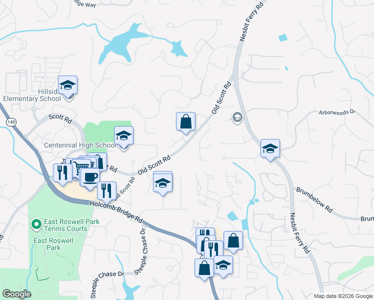 map of restaurants, bars, coffee shops, grocery stores, and more near 9375 Scott Road in Roswell