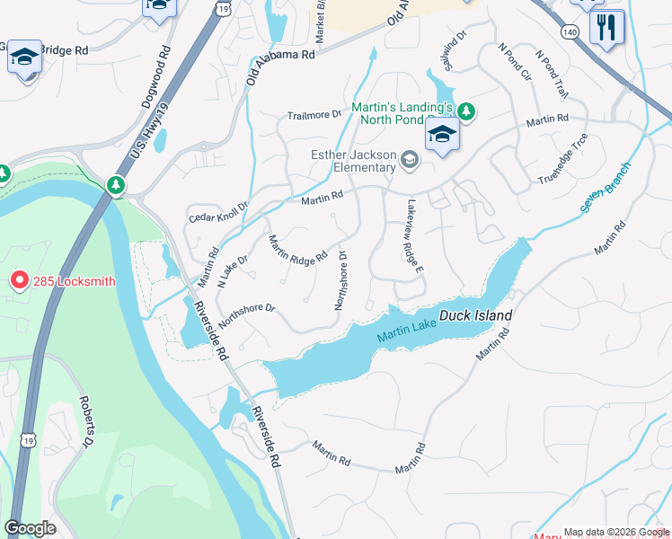 map of restaurants, bars, coffee shops, grocery stores, and more near 1300 Northshore Drive in Roswell