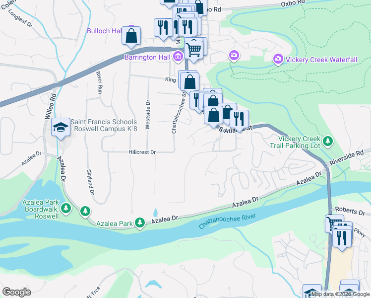 map of restaurants, bars, coffee shops, grocery stores, and more near 50 Connemara Road in Roswell