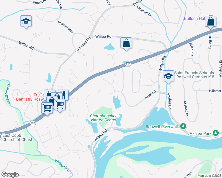 map of restaurants, bars, coffee shops, grocery stores, and more near 2035 Azalea Drive in Roswell