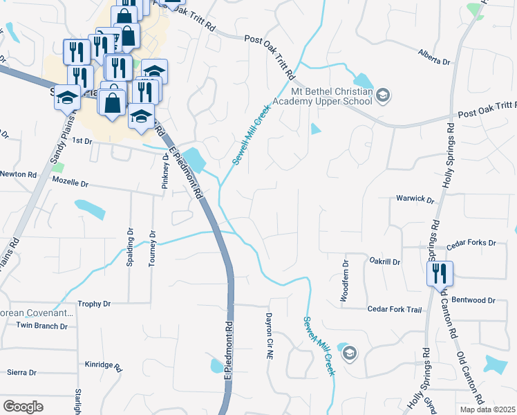 map of restaurants, bars, coffee shops, grocery stores, and more near 2280 Piedmont Forest Drive in Marietta