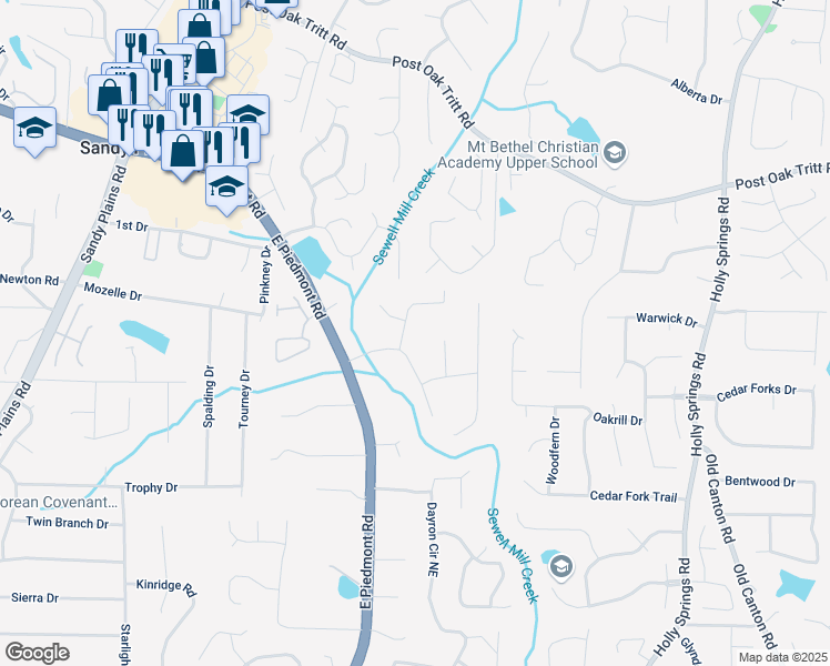 map of restaurants, bars, coffee shops, grocery stores, and more near 2280 Piedmont Forest Drive in Marietta