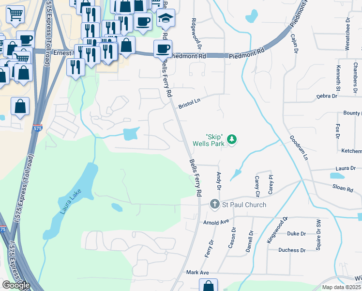 map of restaurants, bars, coffee shops, grocery stores, and more near 178 Parkstone Way in Marietta