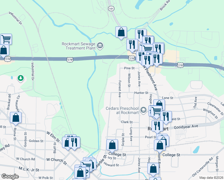 map of restaurants, bars, coffee shops, grocery stores, and more near 207 Hunter Street in Rockmart