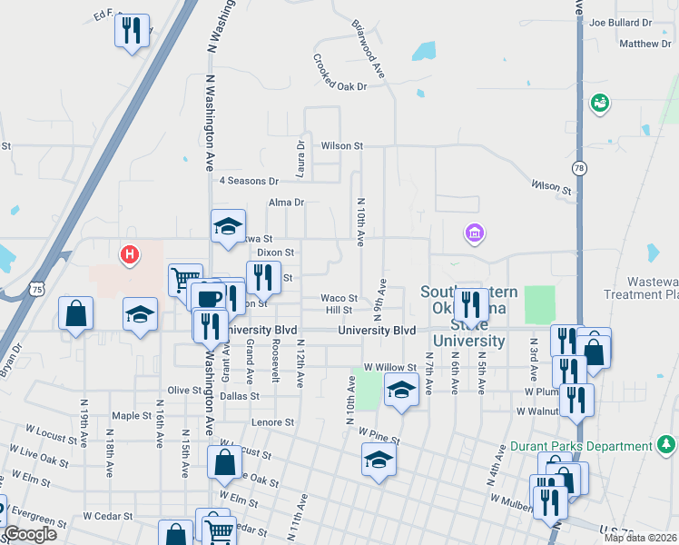 map of restaurants, bars, coffee shops, grocery stores, and more near 1010 Waco Street in Durant