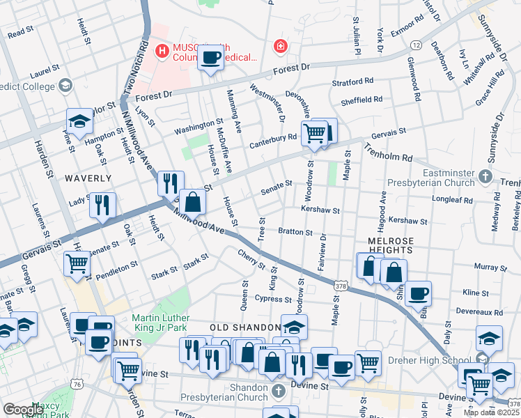 map of restaurants, bars, coffee shops, grocery stores, and more near 1006 Tree Street in Columbia
