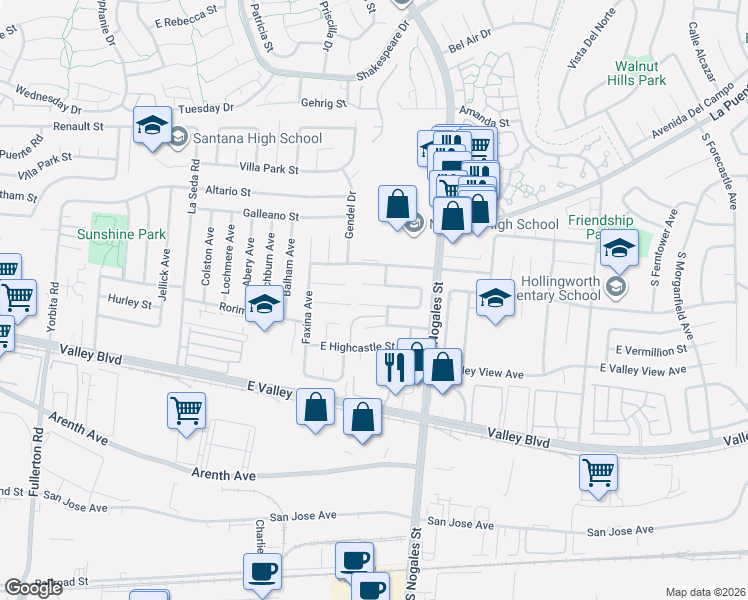 map of restaurants, bars, coffee shops, grocery stores, and more near 2617 Fenmead Street in La Puente