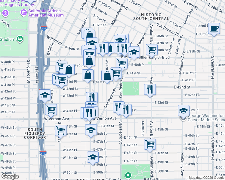 map of restaurants, bars, coffee shops, grocery stores, and more near 308 East 42nd Place in Los Angeles