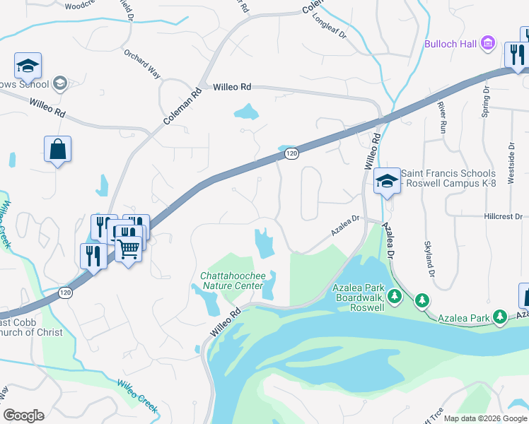 map of restaurants, bars, coffee shops, grocery stores, and more near 185 Inverness Approach in Roswell