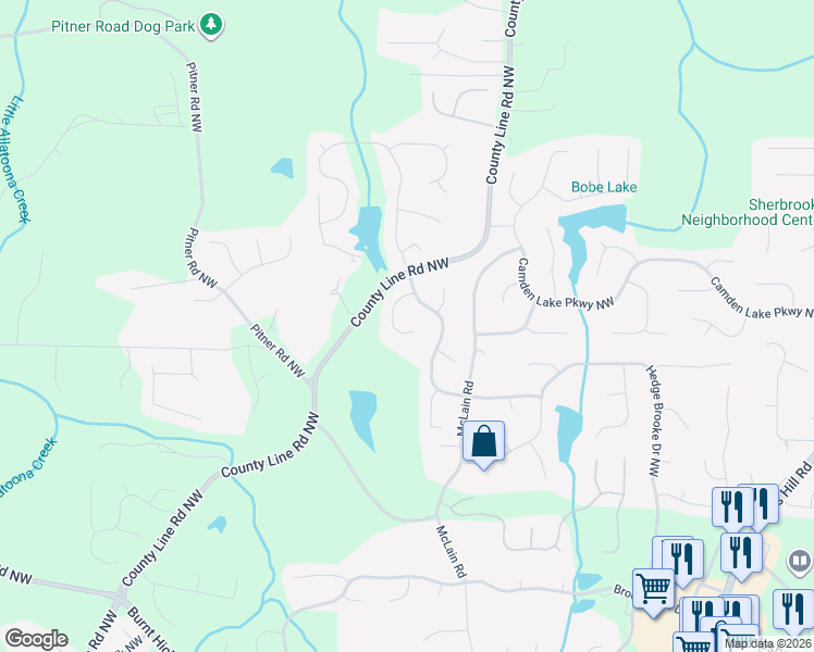 map of restaurants, bars, coffee shops, grocery stores, and more near 5633 Hollowbrooke Lane Northwest in Acworth