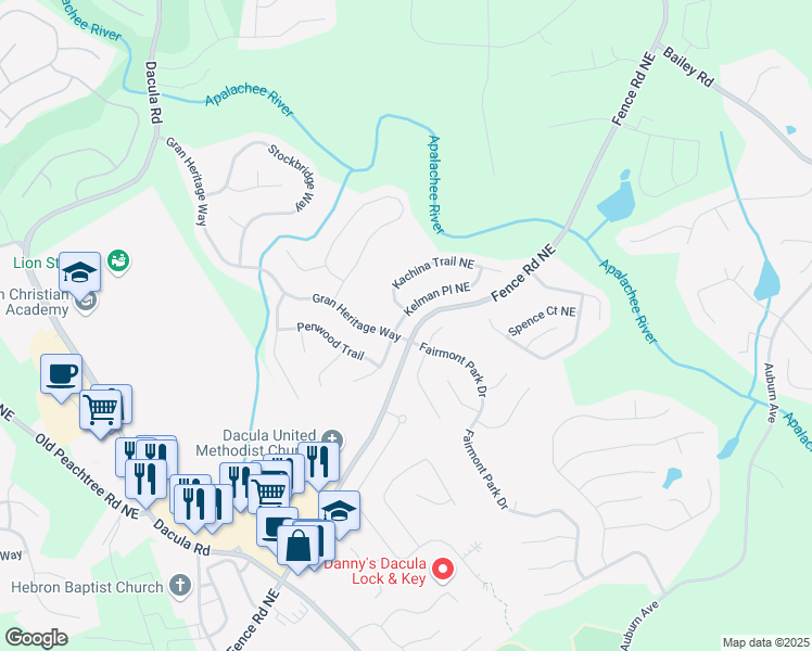map of restaurants, bars, coffee shops, grocery stores, and more near 2431 Kelman Place in Dacula