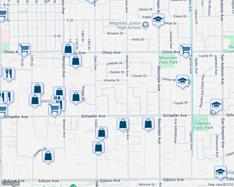 map of restaurants, bars, coffee shops, grocery stores, and more near 13551 Barkley Place in Chino
